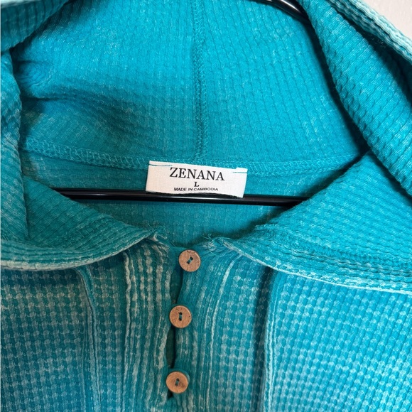 Zenana Outfitters Turquoise Waffle Knit Hoodie Size Large - Picture 2 of 6